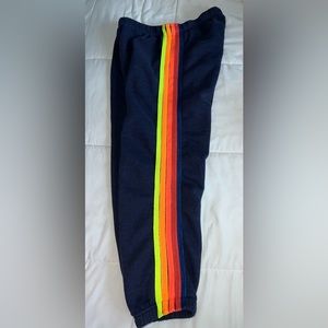 Aviator Nation Navy Sweatpants with Neon Yellow, Orange & Red Stripes